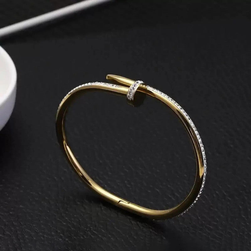 Stainless Steel Gold Plated Stainless Steel Anti Tarnish AD Studded Nail Bracelet For Women - MySmartBazaar