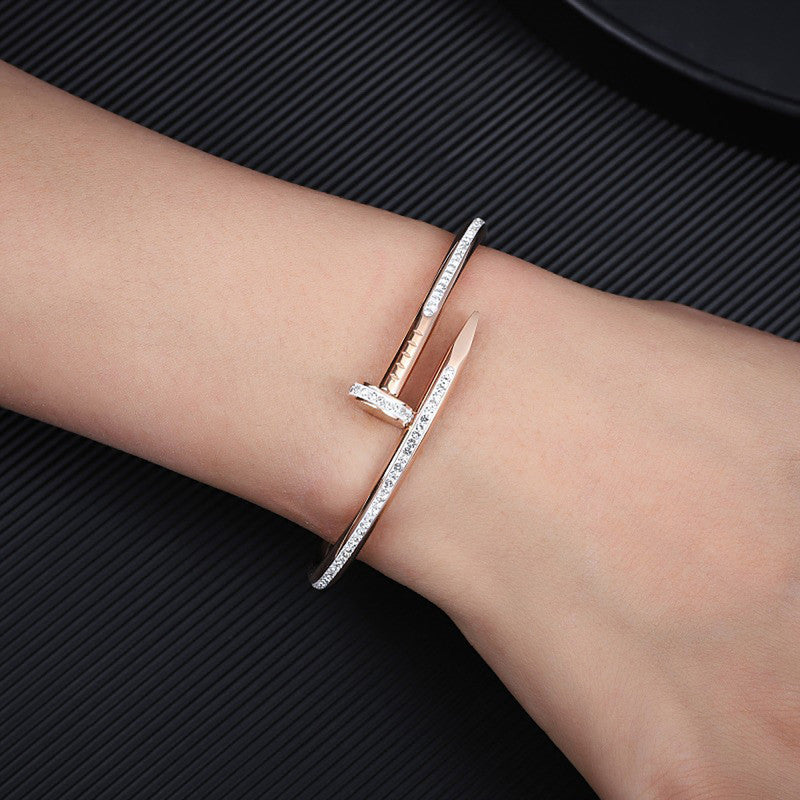 Stainless Steel Rose Gold Plated Stainless Steel AD Studded Nail Bracelet For Women - MySmartBazaar
