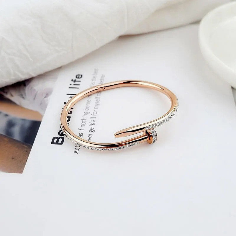 Stainless Steel Rose Gold Plated Stainless Steel AD Studded Nail Bracelet For Women - MySmartBazaar