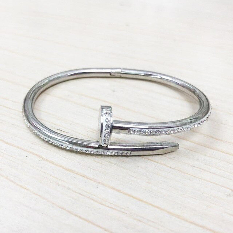 Stainless Steel Silver Plated Stainless Steel Anti Tarnish AD Studded Nail Bracelet For Women - MySmartBazaar