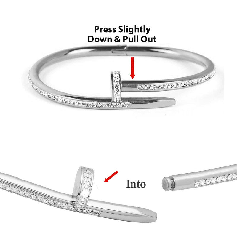 Stainless Steel Silver Plated Stainless Steel Anti Tarnish AD Studded Nail Bracelet For Women - MySmartBazaar