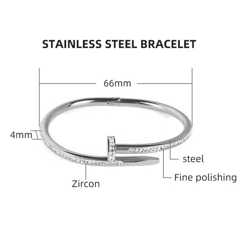 Stainless Steel Silver Plated Stainless Steel Anti Tarnish AD Studded Nail Bracelet For Women - MySmartBazaar