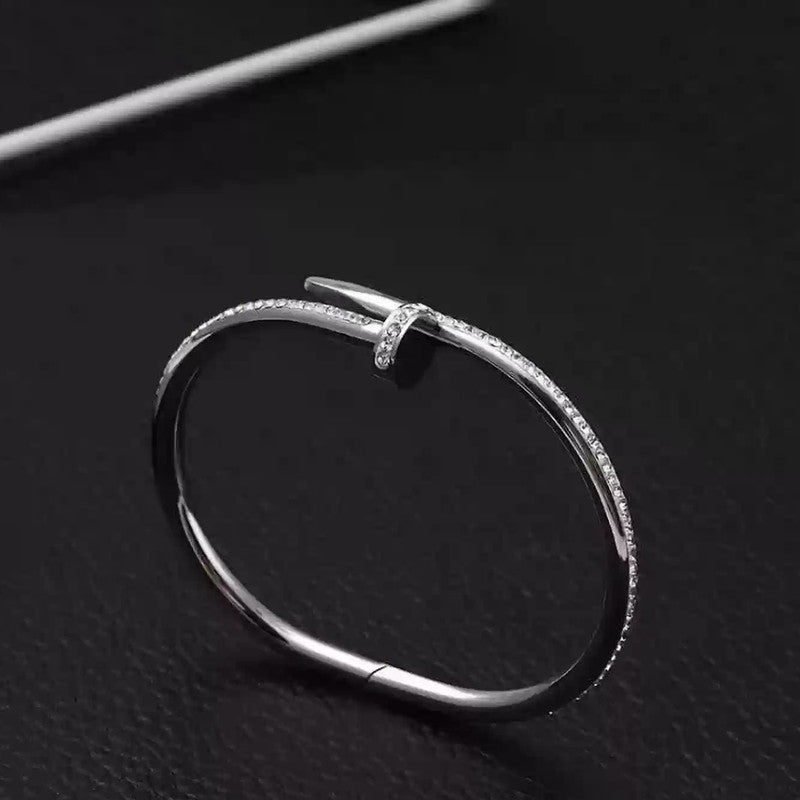 Stainless Steel Silver Plated Stainless Steel Anti Tarnish AD Studded Nail Bracelet For Women - MySmartBazaar