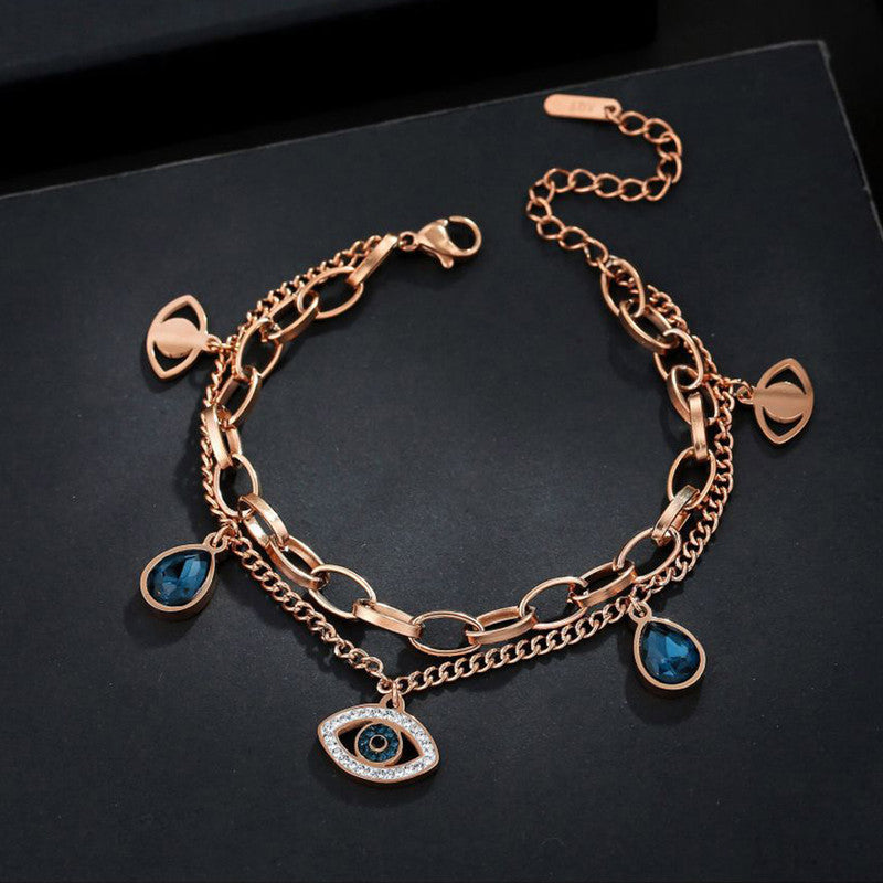 Stainless Steel Rose Gold Plated Stainless Steel Crystal Studded Evil Eye Bracelet For Women - MySmartBazaar