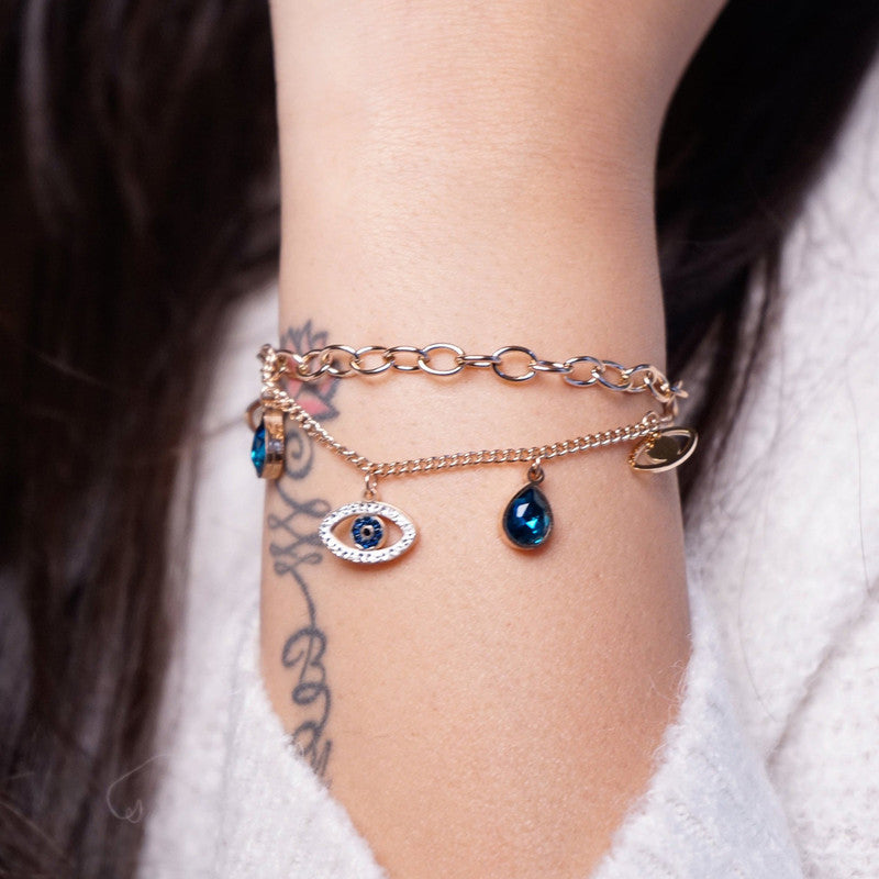 Stainless Steel Rose Gold Plated Stainless Steel Crystal Studded Evil Eye Bracelet For Women - MySmartBazaar