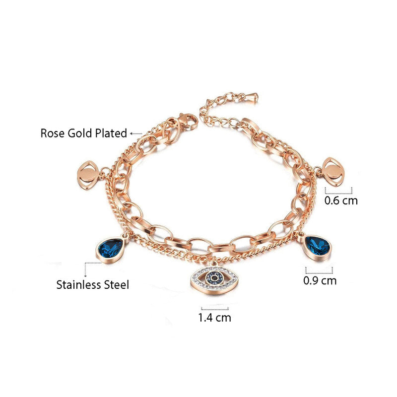 Stainless Steel Rose Gold Plated Stainless Steel Crystal Studded Evil Eye Bracelet For Women - MySmartBazaar