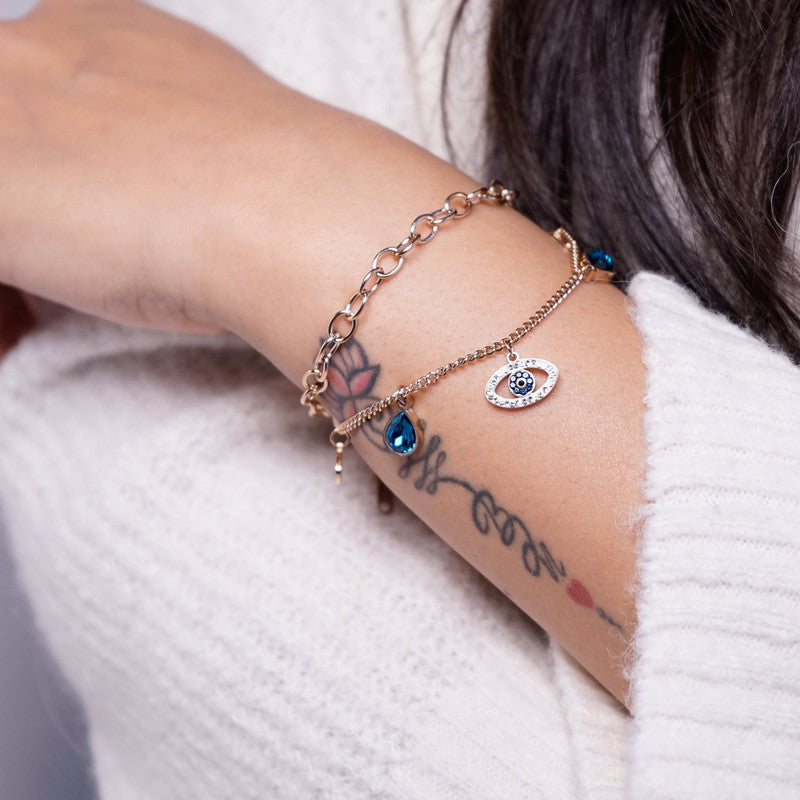 Stainless Steel Rose Gold Plated Stainless Steel Crystal Studded Evil Eye Bracelet For Women - MySmartBazaar