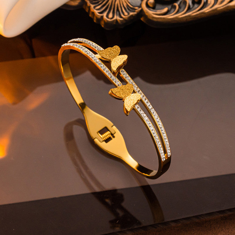 Stainless Steel Gold Plated Butterfly American Diamond Studded Anti-Tarnish Bracelet For Women - MySmartBazaar