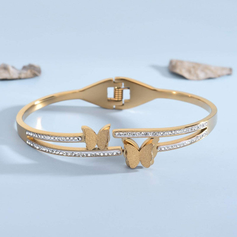 Stainless Steel Gold Plated Butterfly American Diamond Studded Anti-Tarnish Bracelet For Women - MySmartBazaar