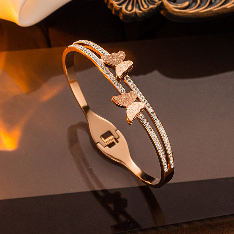 Stainless Steel Rose Gold Plated Butterfly inspired American Diamond Studded Bracelet For Women - MySmartBazaar