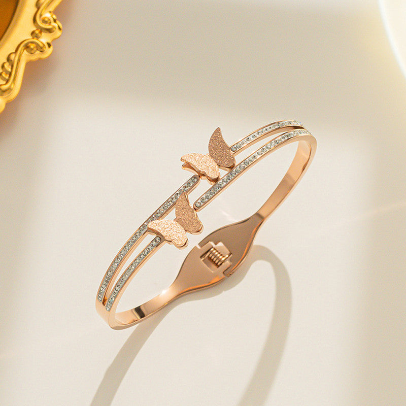 Stainless Steel Rose Gold Plated Butterfly inspired American Diamond Studded Bracelet For Women - MySmartBazaar