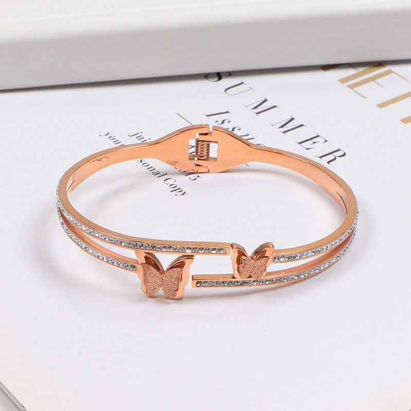 Stainless Steel Rose Gold Plated Butterfly inspired American Diamond Studded Bracelet For Women - MySmartBazaar