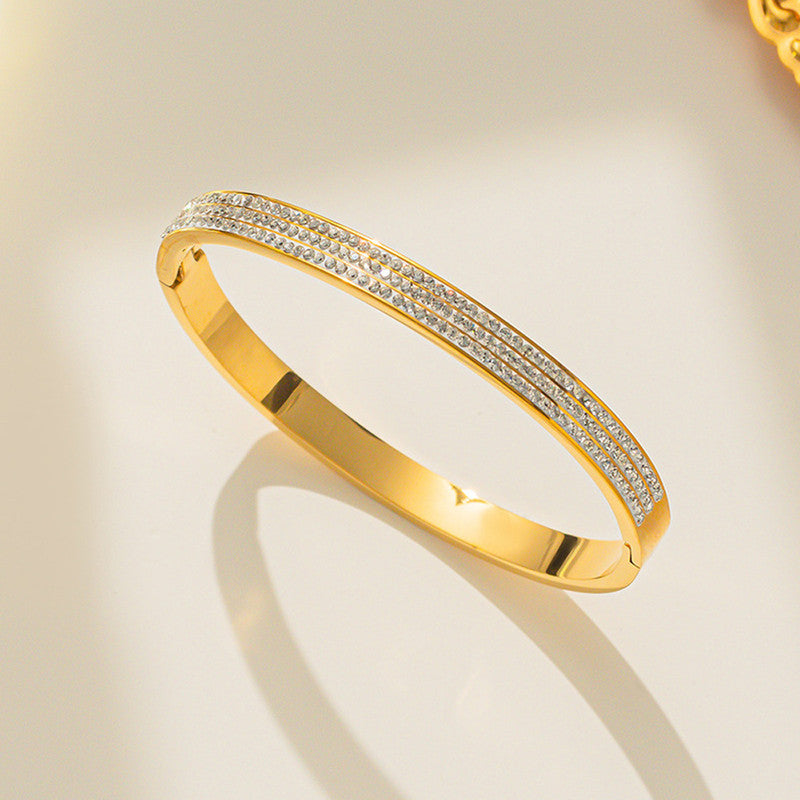 Stainless Steel Gold Plated Triple Lines American Diamond Contemporary Anti-Tarnish Bracelet For Women - MySmartBazaar