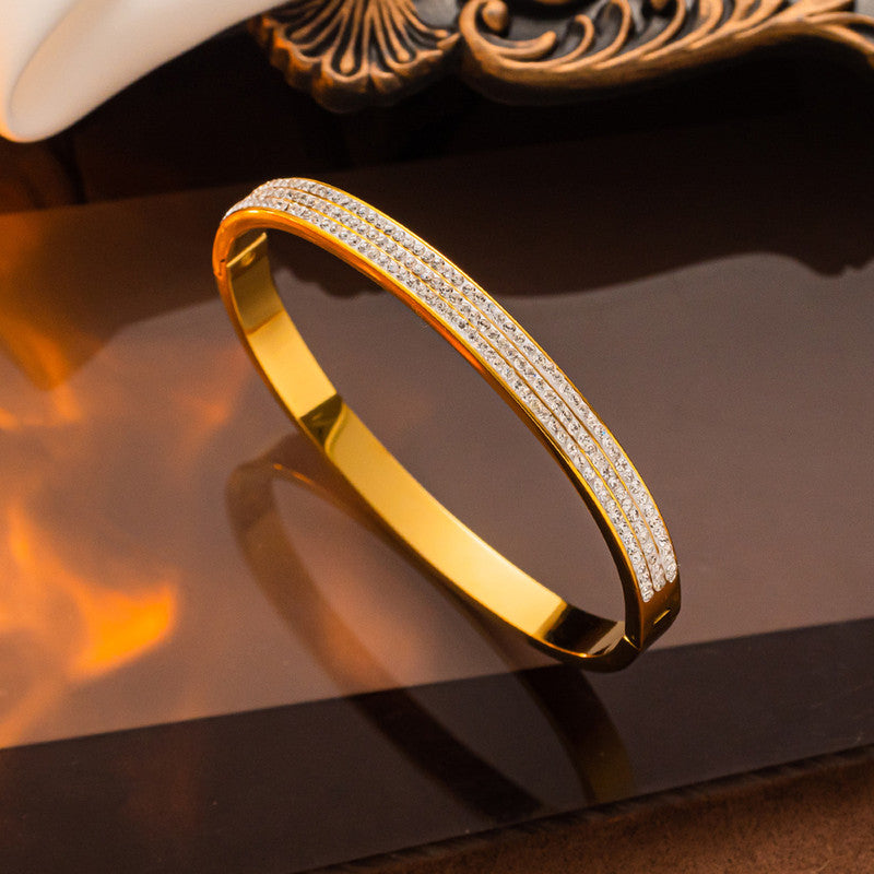 Stainless Steel Gold Plated Triple Lines American Diamond Contemporary Anti-Tarnish Bracelet For Women - MySmartBazaar