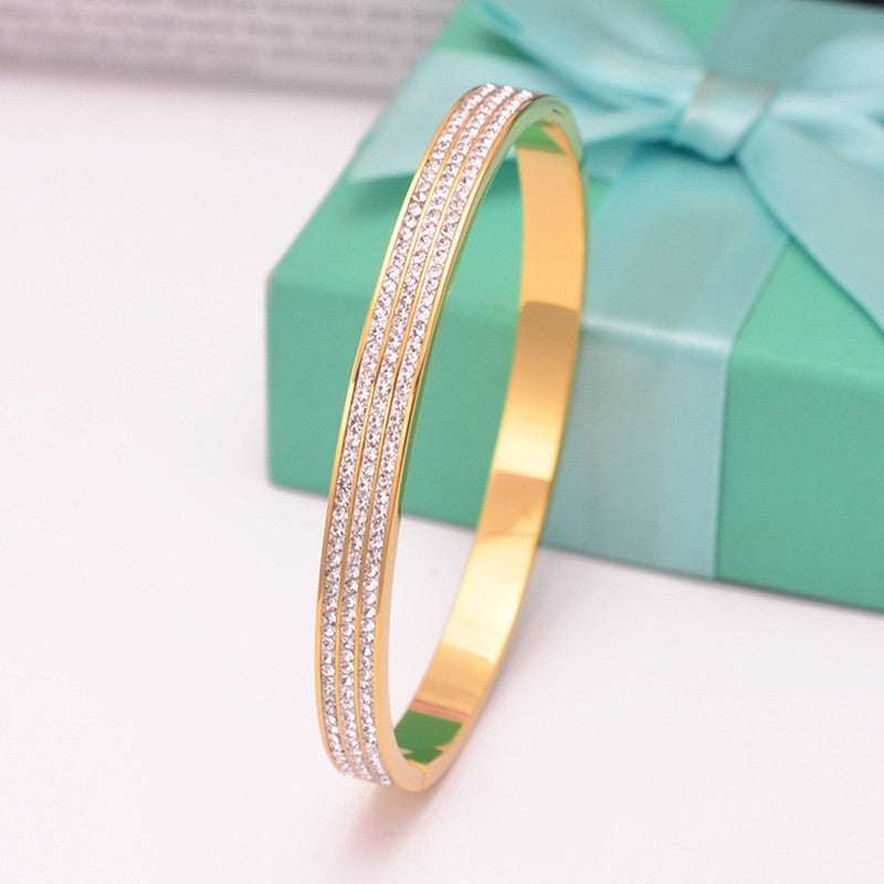 Stainless Steel Gold Plated Triple Lines American Diamond Contemporary Anti-Tarnish Bracelet For Women - MySmartBazaar