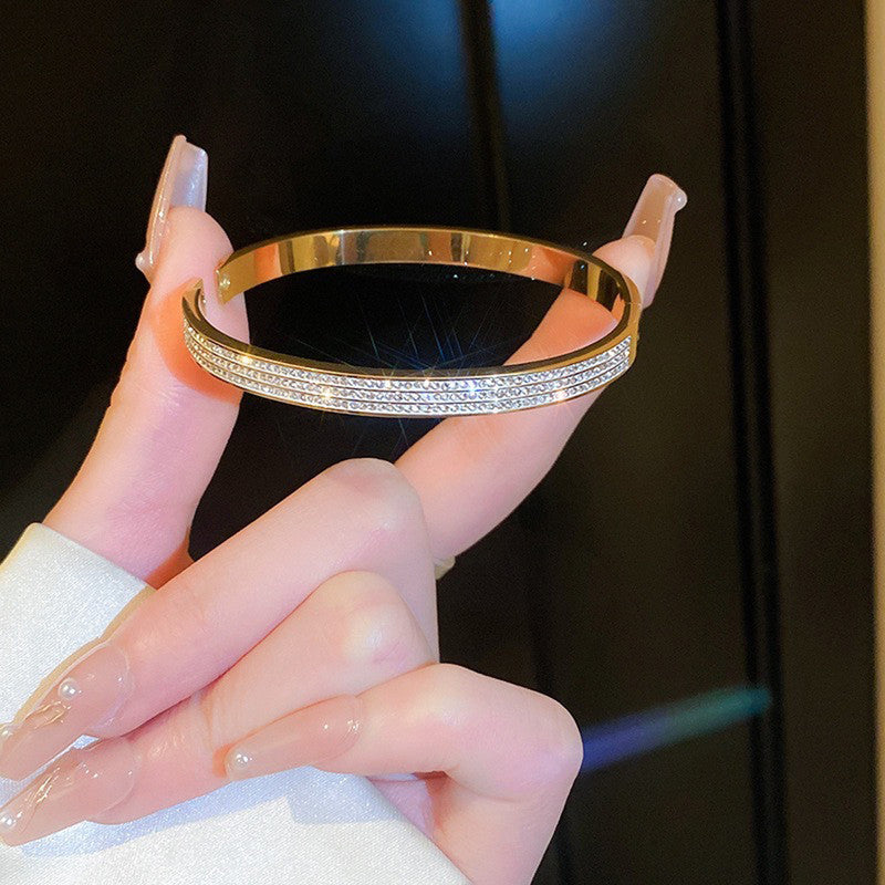 Stainless Steel Gold Plated Triple Lines American Diamond Contemporary Anti-Tarnish Bracelet For Women - MySmartBazaar