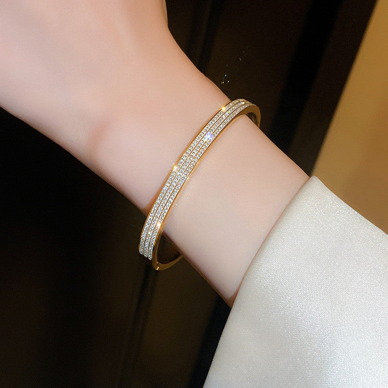 Stainless Steel Gold Plated Triple Lines American Diamond Contemporary Anti-Tarnish Bracelet For Women - MySmartBazaar