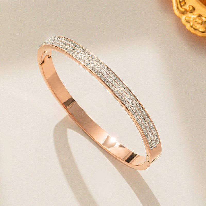 Stainless Steel Rose Gold Plated Triple Lines American Diamond Contemporary Bracelet For Women - MySmartBazaar