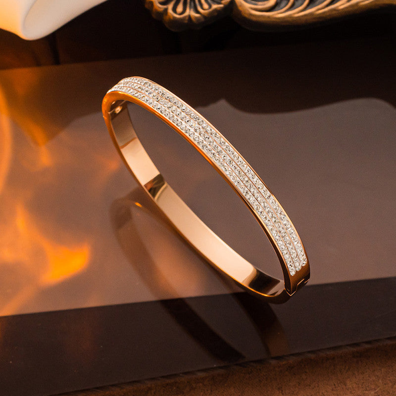 Stainless Steel Rose Gold Plated Triple Lines American Diamond Contemporary Bracelet For Women - MySmartBazaar