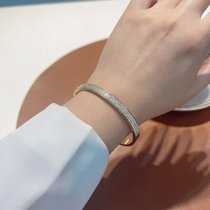 Stainless Steel Rose Gold Plated Triple Lines American Diamond Contemporary Bracelet For Women - MySmartBazaar