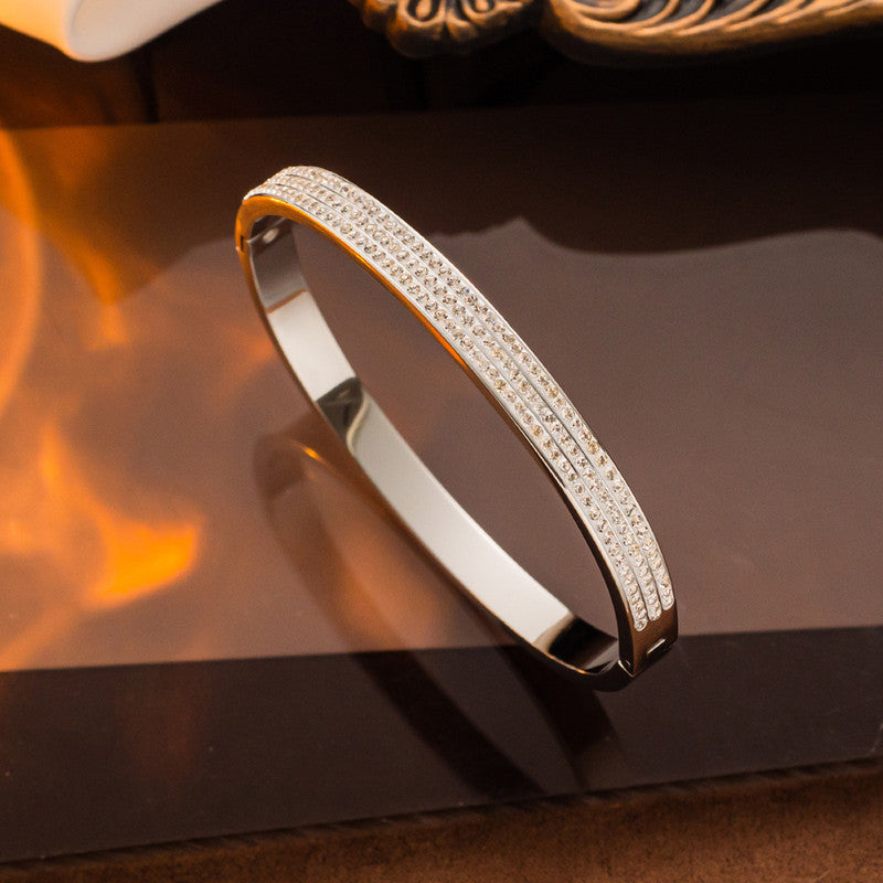Stainless Steel Silver Plated Triple Lines American Diamond Contemporary Anti-Tarnish Bracelet For Women - MySmartBazaar