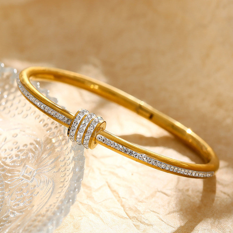 Stainless Steel Gold Plated American Diamond Studded Bangle Style Anti-Tarnish Bracelet For Women - MySmartBazaar