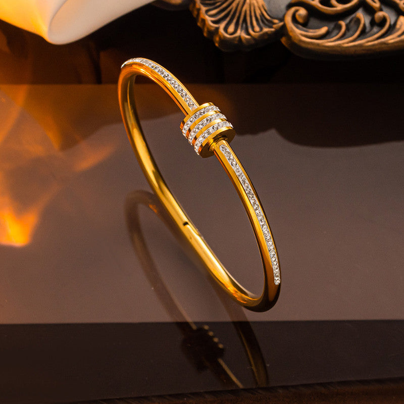 Stainless Steel Gold Plated American Diamond Studded Bangle Style Anti-Tarnish Bracelet For Women - MySmartBazaar