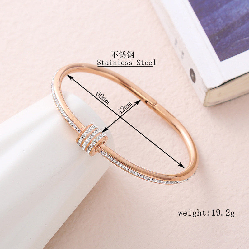 Stainless Steel Rose Gold Plated American Diamond Studded Bangle Style Bracelet For Women - MySmartBazaar