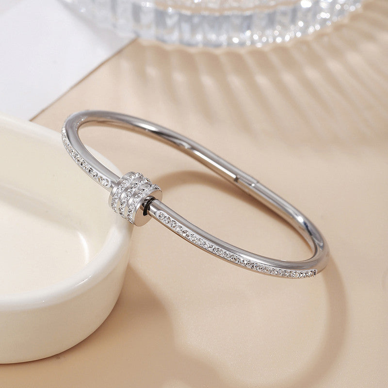 Stainless Steel Silver Plated American Diamond Studded Bangle Style Anti-Tarnish Bracelet For Women - MySmartBazaar