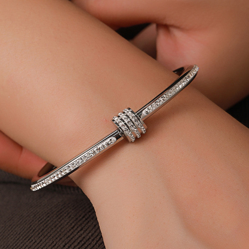 Stainless Steel Silver Plated American Diamond Studded Bangle Style Anti-Tarnish Bracelet For Women - MySmartBazaar