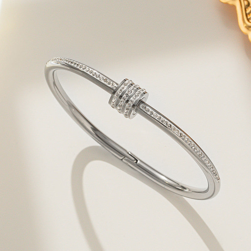 Stainless Steel Silver Plated American Diamond Studded Bangle Style Anti-Tarnish Bracelet For Women - MySmartBazaar