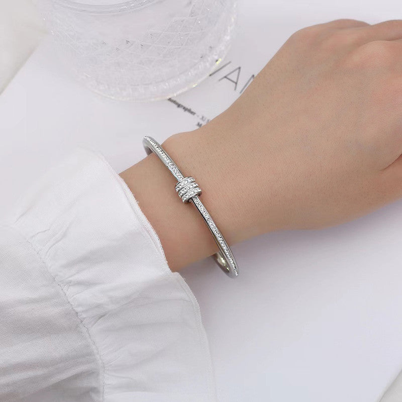 Stainless Steel Silver Plated American Diamond Studded Bangle Style Anti-Tarnish Bracelet For Women - MySmartBazaar