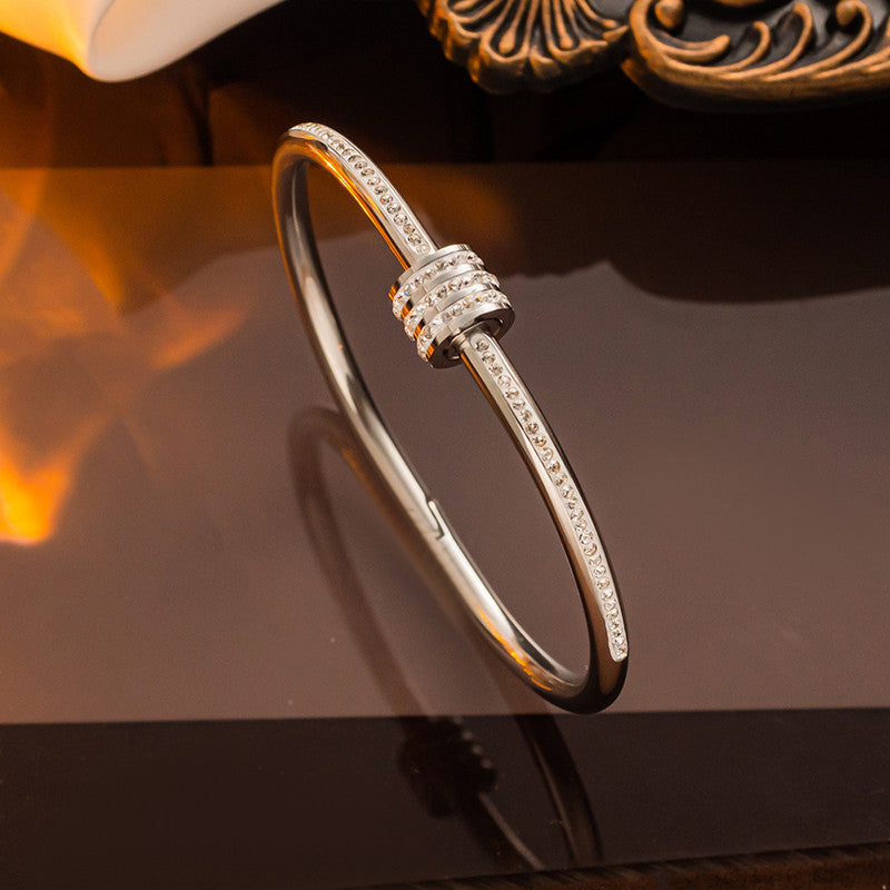 Stainless Steel Silver Plated American Diamond Studded Bangle Style Anti-Tarnish Bracelet For Women - MySmartBazaar