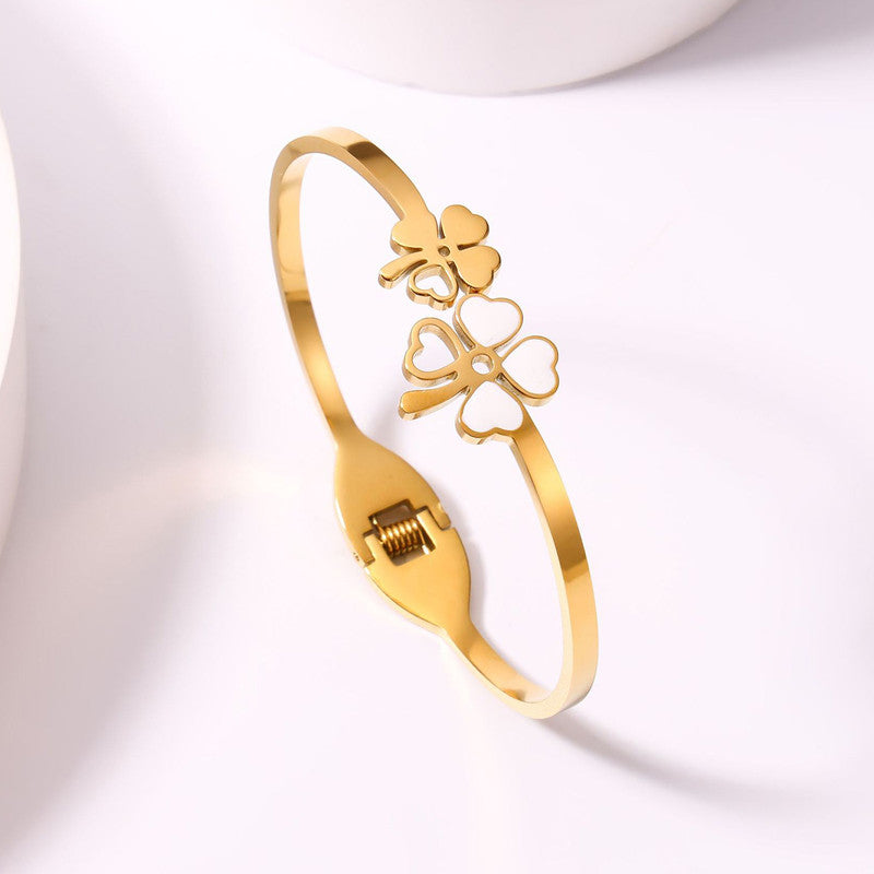Stainless Steel Gold Plated Mother of Pearls Dual Flower Openable Floral Anti-Tarnish Bracelet For Women - MySmartBazaar