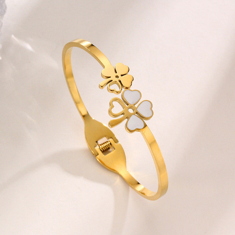 Stainless Steel Gold Plated Mother of Pearls Dual Flower Openable Floral Anti-Tarnish Bracelet For Women - MySmartBazaar