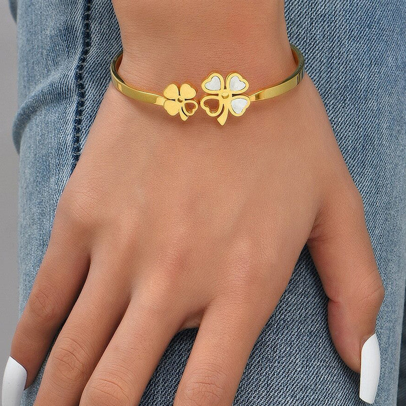 Stainless Steel Gold Plated Mother of Pearls Dual Flower Openable Floral Anti-Tarnish Bracelet For Women - MySmartBazaar