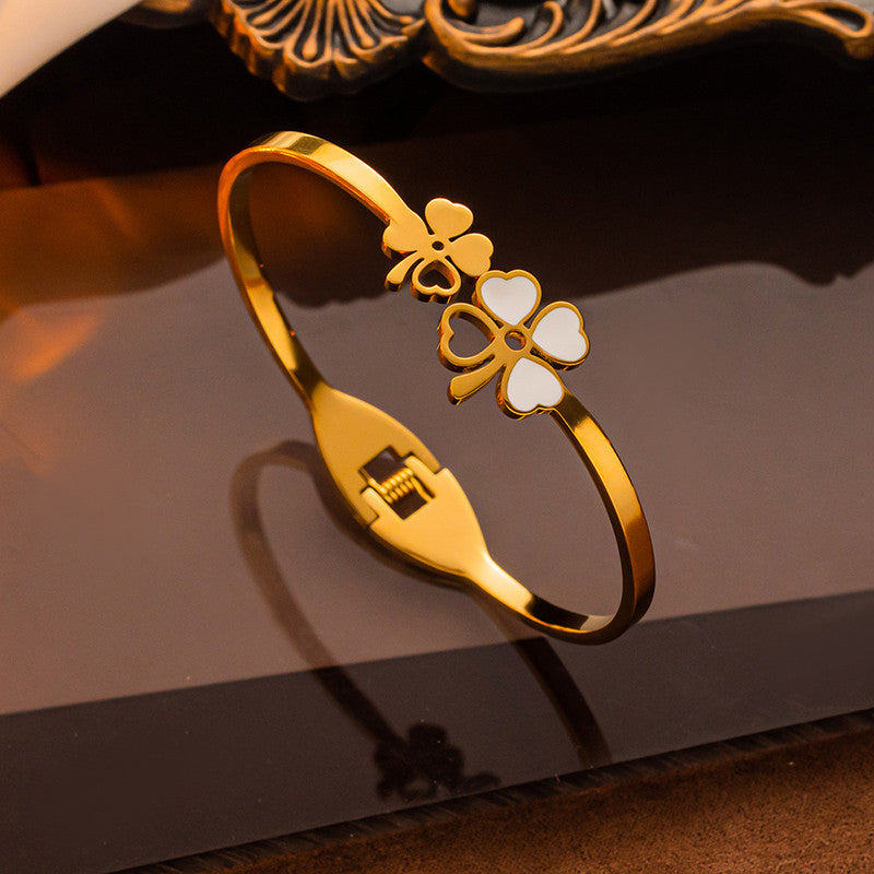 Stainless Steel Gold Plated Mother of Pearls Dual Flower Openable Floral Anti-Tarnish Bracelet For Women - MySmartBazaar