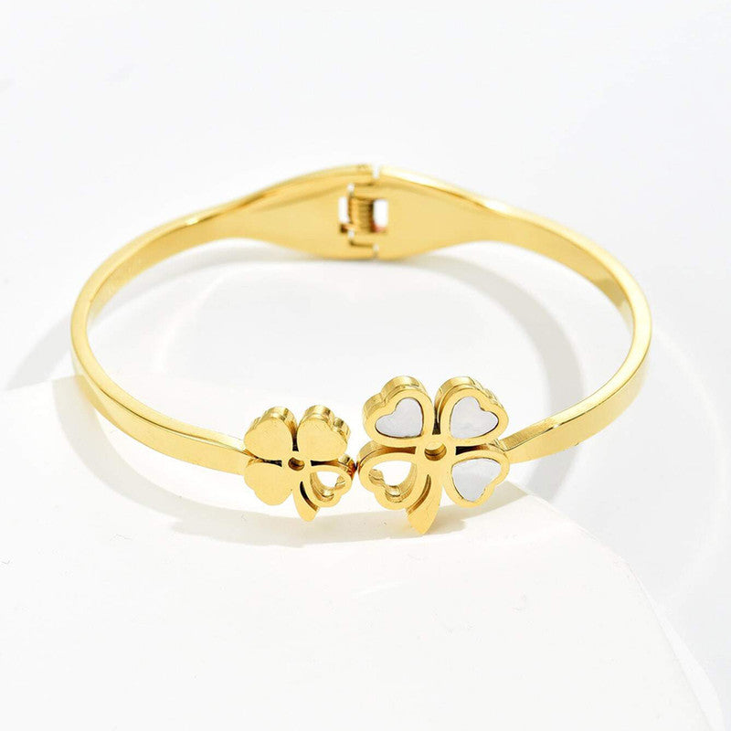 Stainless Steel Gold Plated Mother of Pearls Dual Flower Openable Floral Anti-Tarnish Bracelet For Women - MySmartBazaar