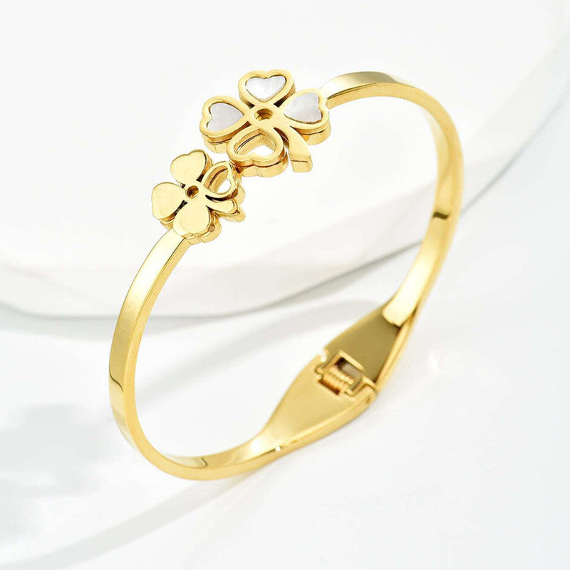 Stainless Steel Gold Plated Mother of Pearls Dual Flower Openable Floral Anti-Tarnish Bracelet For Women - MySmartBazaar