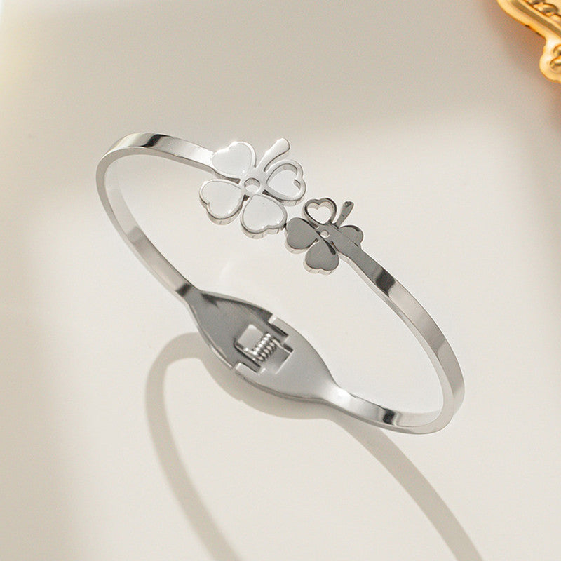 Stainless Steel Silver Plated Mother of Pearls Dual Flower Openable Floral Anti-Tarnish Bracelet For Women - MySmartBazaar