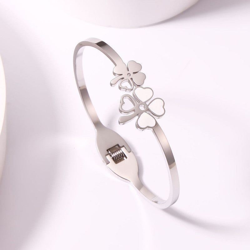 Stainless Steel Silver Plated Mother of Pearls Dual Flower Openable Floral Anti-Tarnish Bracelet For Women - MySmartBazaar