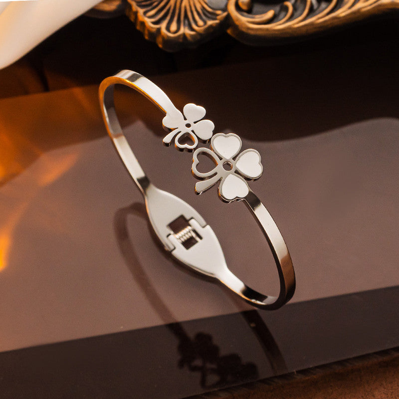 Stainless Steel Silver Plated Mother of Pearls Dual Flower Openable Floral Anti-Tarnish Bracelet For Women - MySmartBazaar