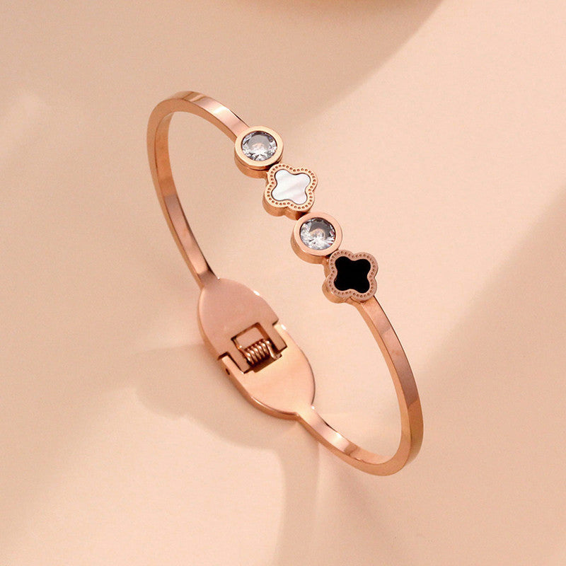 Stainless Steel Rose Gold Plated Mother of Pearls Leaf Clover Bracelet For Women - MySmartBazaar