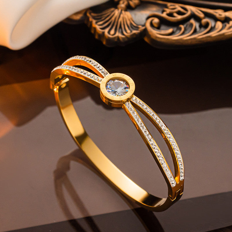 Stainless Steel Gold Plated Roman Numerals American Diamond Studded Anti-Tarnish Bracelet For Women - MySmartBazaar