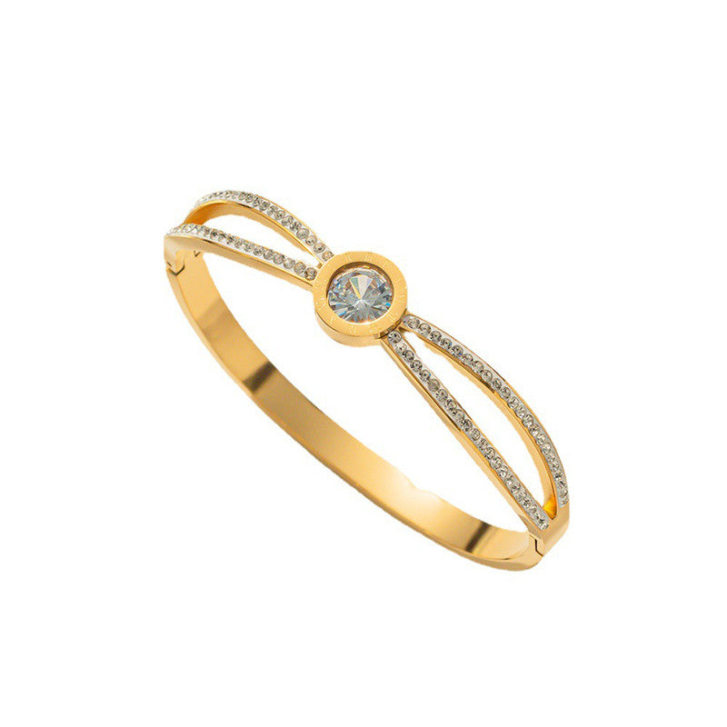 Stainless Steel Gold Plated Roman Numerals American Diamond Studded Anti-Tarnish Bracelet For Women - MySmartBazaar