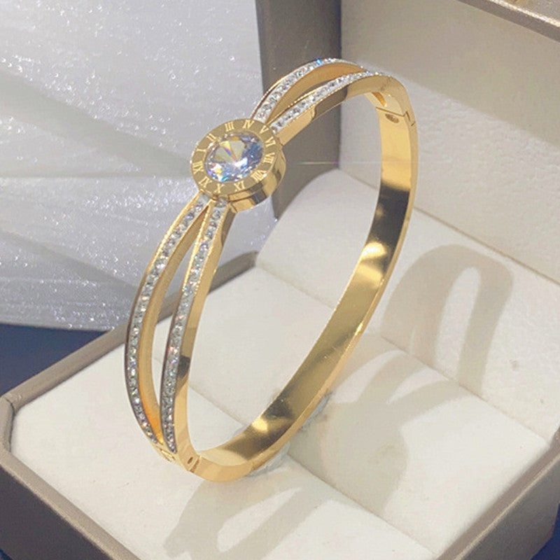 Stainless Steel Gold Plated Roman Numerals American Diamond Studded Anti-Tarnish Bracelet For Women - MySmartBazaar
