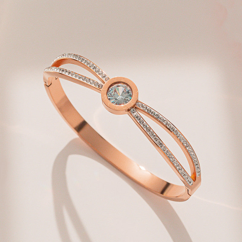 Stainless Steel Rose Gold Plated Roman Numerals American Diamond Studded Bracelet For Women - MySmartBazaar