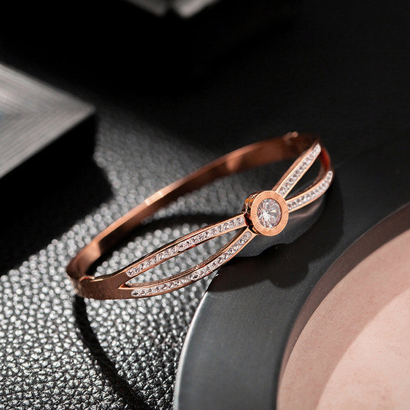 Stainless Steel Rose Gold Plated Roman Numerals American Diamond Studded Bracelet For Women - MySmartBazaar