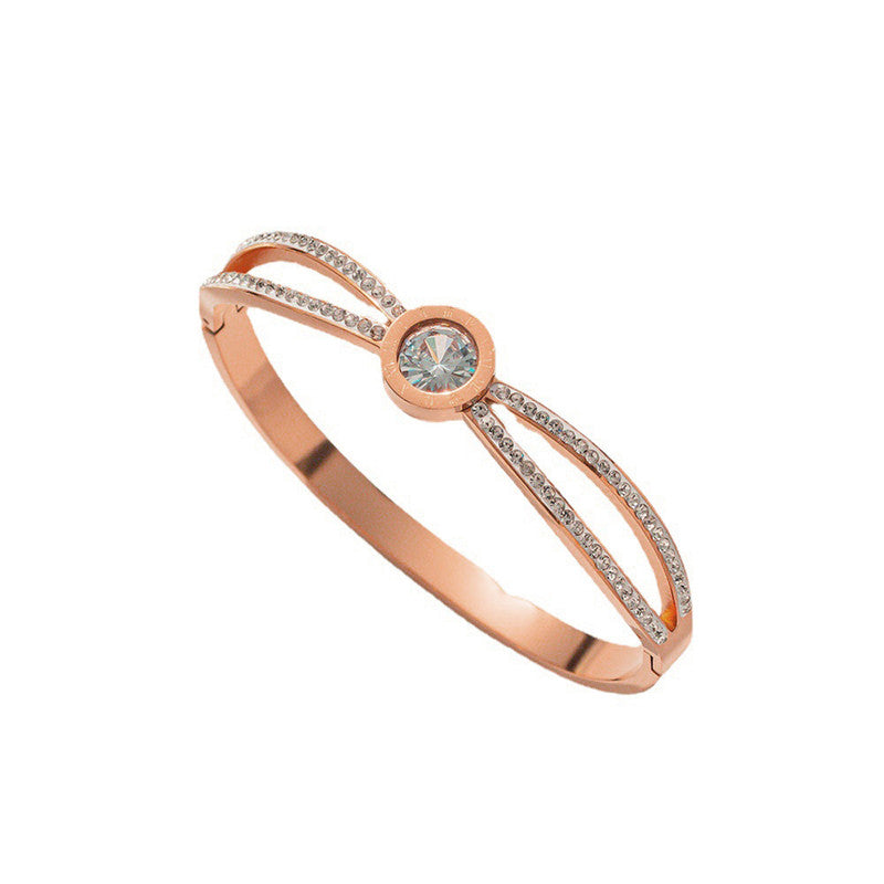 Stainless Steel Rose Gold Plated Roman Numerals American Diamond Studded Bracelet For Women - MySmartBazaar