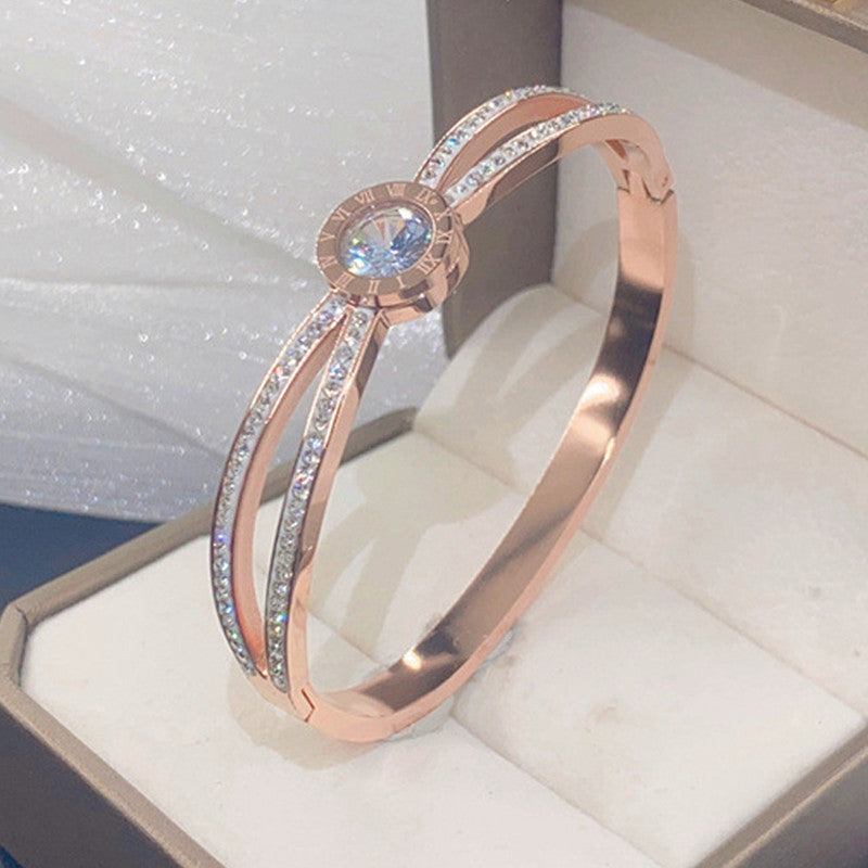 Stainless Steel Rose Gold Plated Roman Numerals American Diamond Studded Bracelet For Women - MySmartBazaar